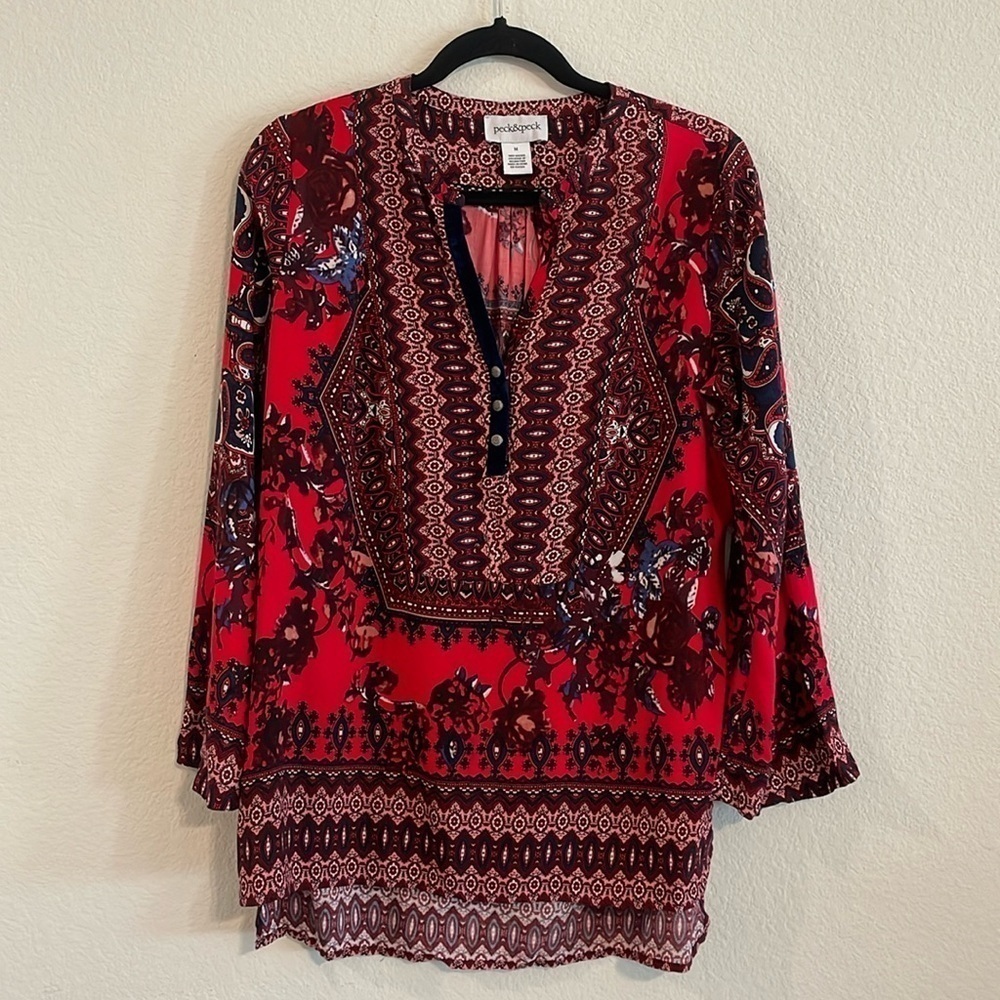 Peck & Peck Women Tunic Top Medium Red Bohemian Paisley Floral Cottagecore